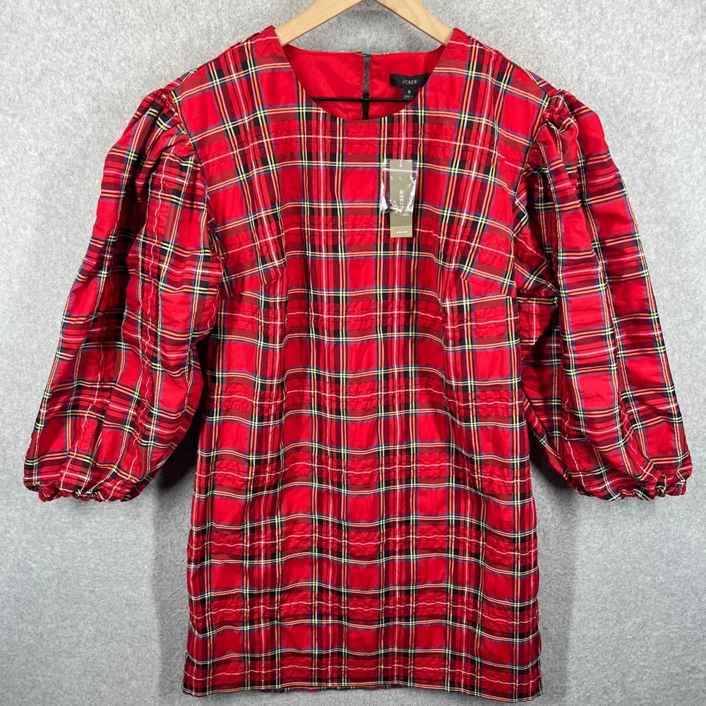 J Crew Plaid Puff Sleeve Mini Dress Women S Red Tartan Check Taffeta Holiday NWT